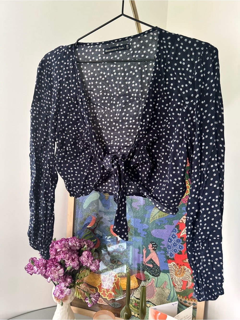 Abercrombie & Fitch Navy White Dotted Tie-Front Blouse